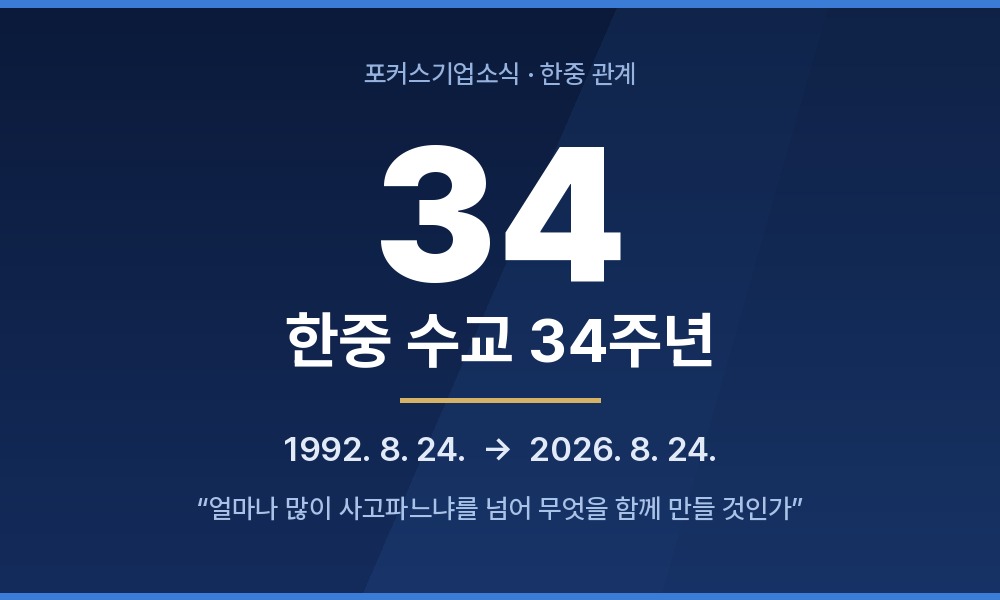 Graphic marking 34 years of Korea–China diplomatic relations, from 24 August 1992 to 2026
