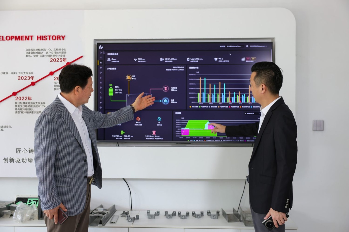 General Director Jeon Gye-hong and Chairman Ren Shujun reviewing the real-time power generation and storage monitoring screen
